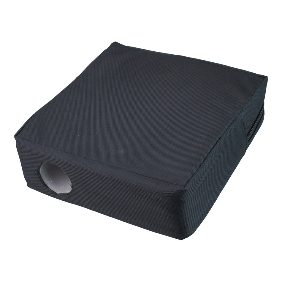 The Kookaburra Bowling Practice Target is a square black fabric cushion with a circular hole on one side, designed by Kookaburra for precise bowling practice.
