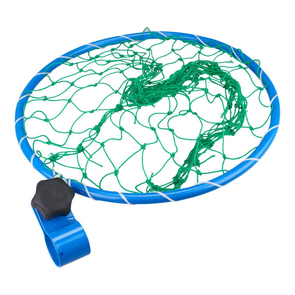 The Kookaburra Bowling Practice Net by Kookaburra features a blue plastic ring with a green mesh net, secured by a clamp and black knob. The net is loosely arranged inside the ring, shown flat against a white background.