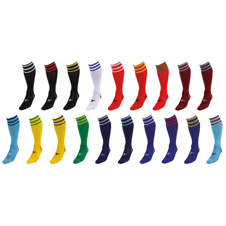 Precision Training Precision 3 Stripe Pro Football Socks Adult in Black/Gold feature contrast stripes at the top, knee-high length, and a contoured fit for comfortable ankle support.