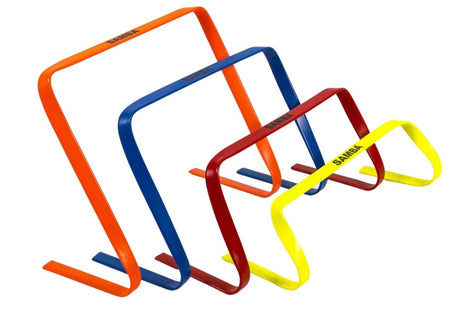 Four Samba Speed and Agility Hurdles by Samba Sports, in orange, blue, red, and yellow, each a different height, are aligned in a row on a white background—ideal for jump training and speed or agility drills.