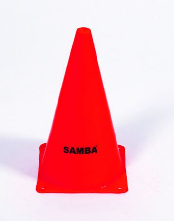 A set of four bright red 9" Samba Sports traffic cones with square bases and "SAMBA" printed in black on the side, displayed against a plain white background.