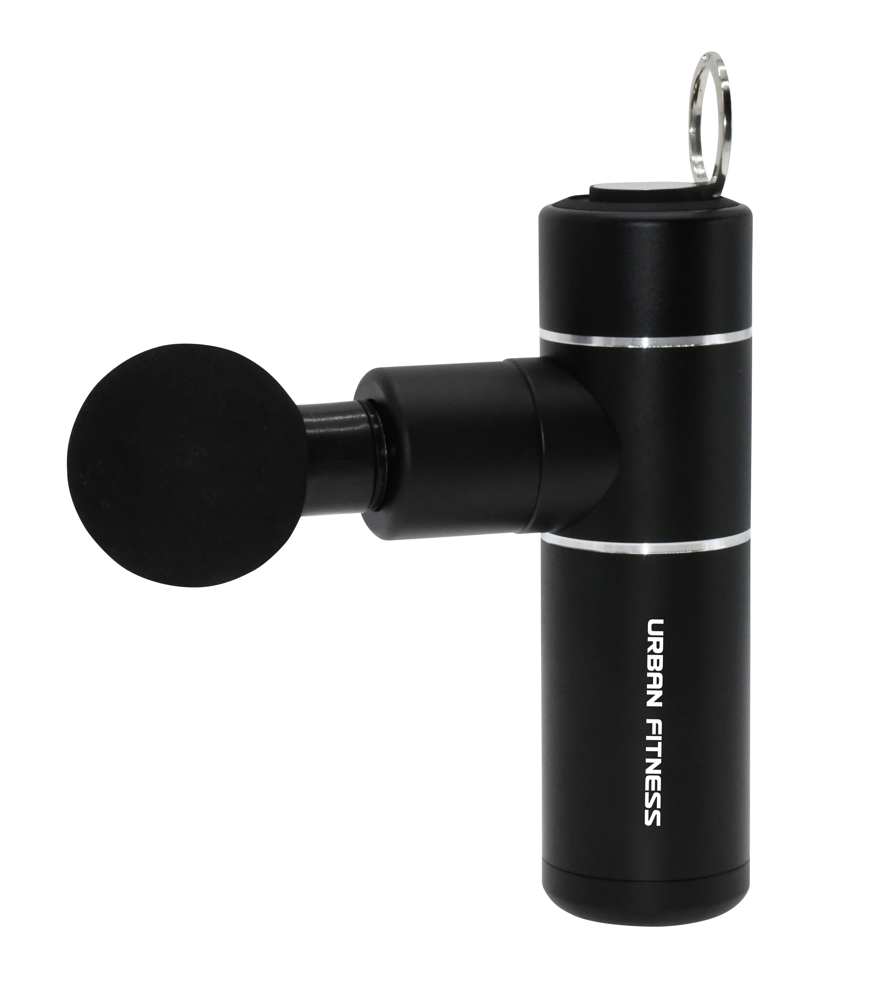The Urban Fitness Mini Massage Gun, in black with a round attachment and URBAN FITNESS branding on the side, offers muscle soreness relief and is displayed against a white background.