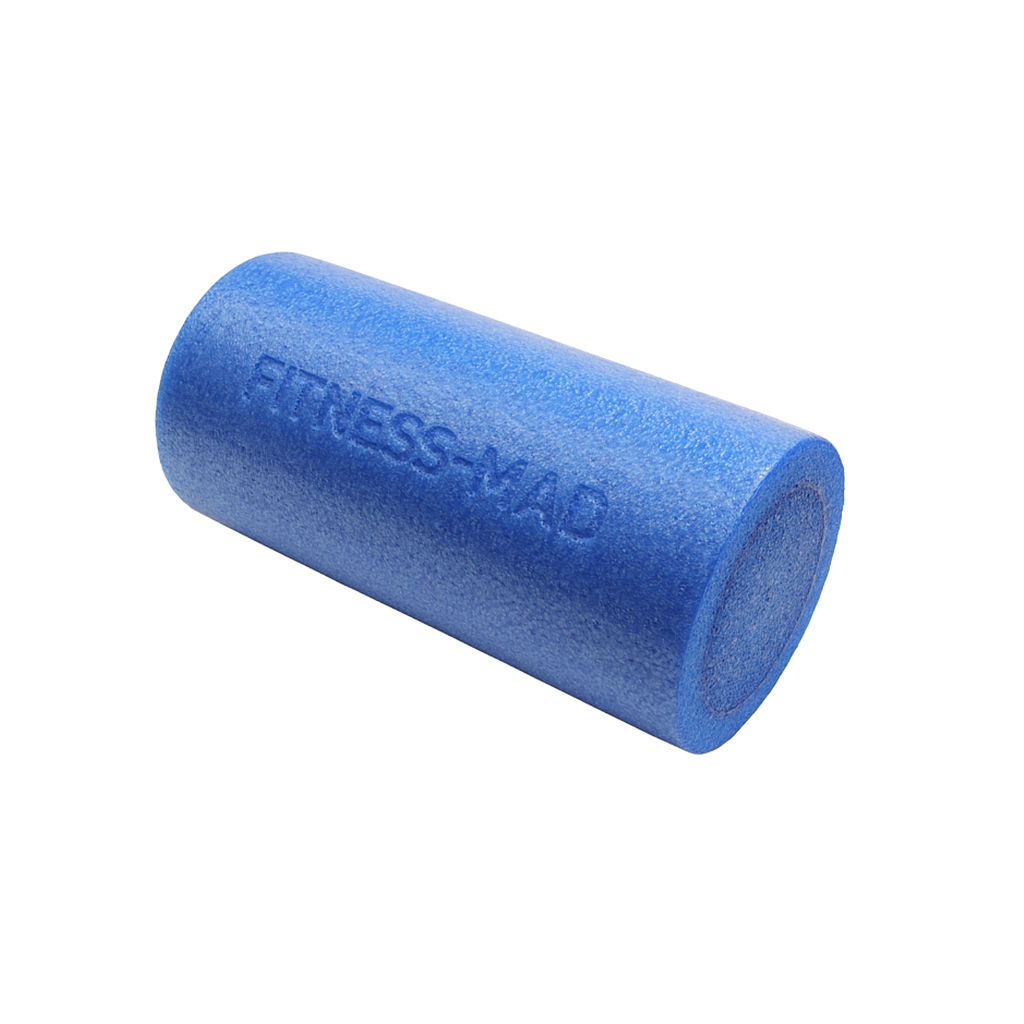 The Fitness Mad 30cm Foam Roller, a compact blue foam roller for myofascial release and muscle soreness relief, features the FITNESS-MAD logo on its side and is shown on a plain white background.