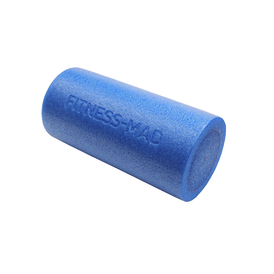 The Fitness Mad 30cm Foam Roller, a compact blue foam roller for myofascial release and muscle soreness relief, features the FITNESS-MAD logo on its side and is shown on a plain white background.