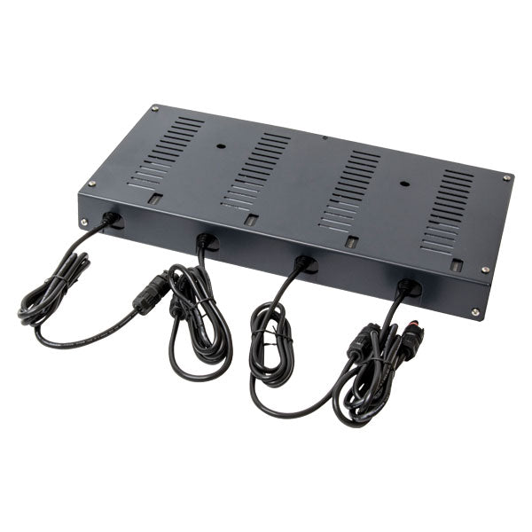 The Ritelite Sports Lite Four Way Charger is a rectangular black metal power distribution unit with ventilation slots and four charging heads, shown lying on a white background.