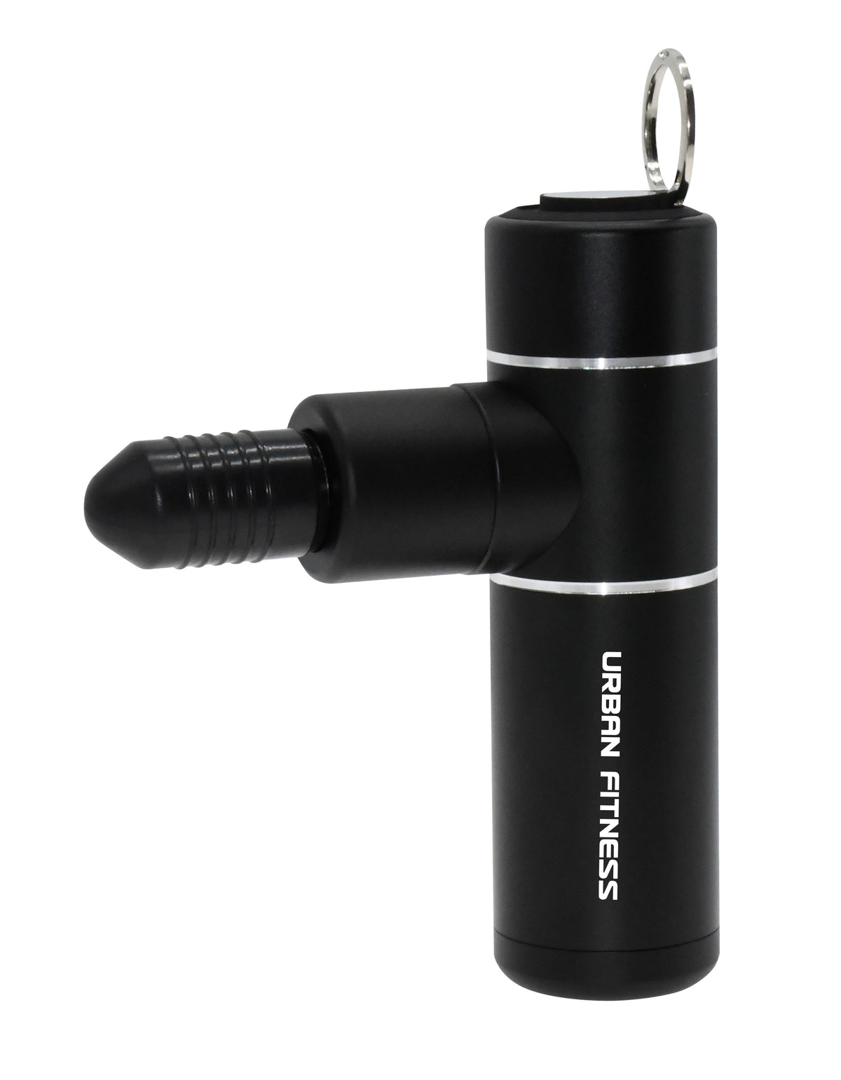 The Urban Fitness Mini Massage Gun, featuring a cylindrical body, a top ring, and a single round attachment with "Urban Fitness" branding, offers portable and effective muscle soreness relief.