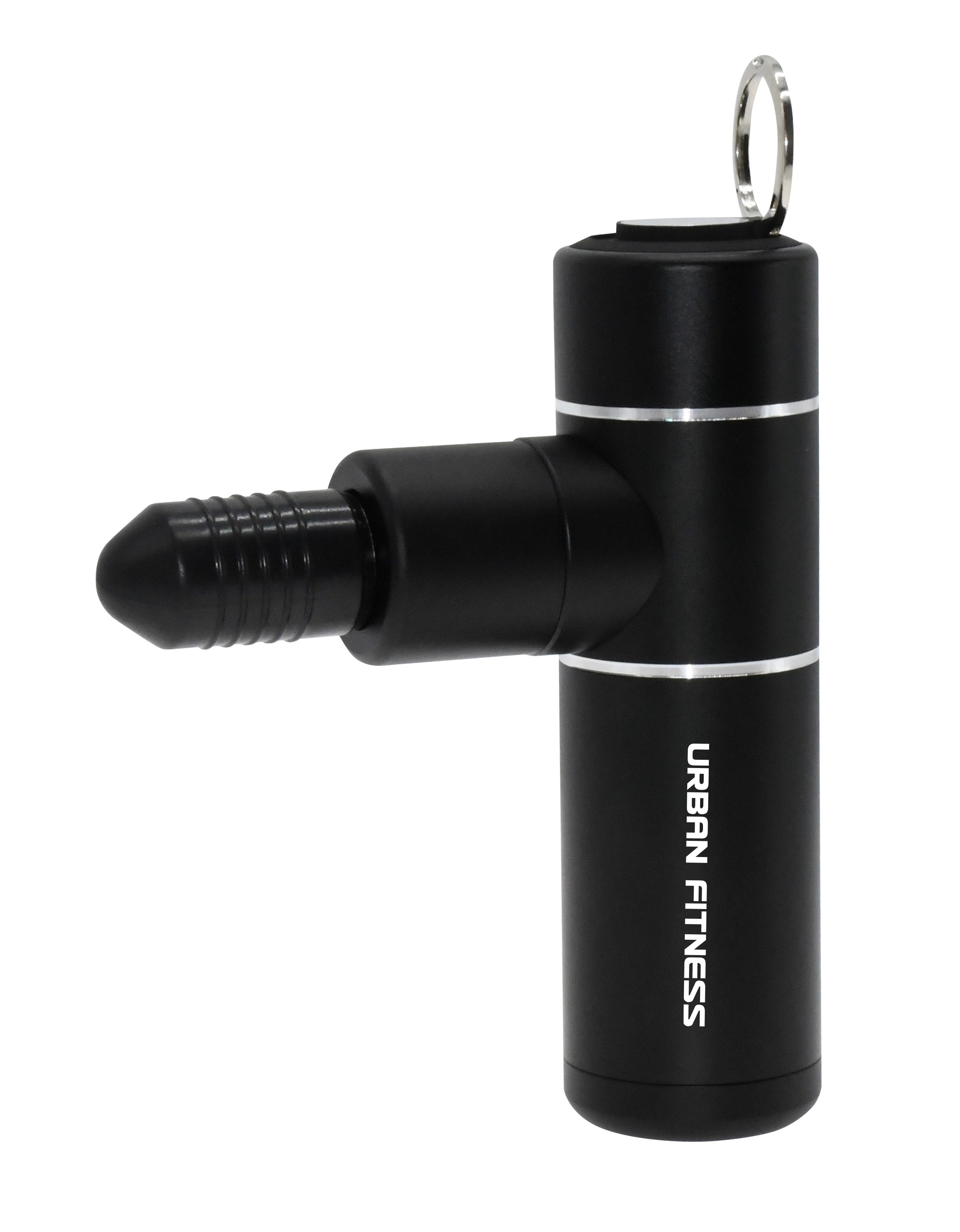 The Urban Fitness Mini Massage Gun, featuring a cylindrical body, a top ring, and a single round attachment with "Urban Fitness" branding, offers portable and effective muscle soreness relief.