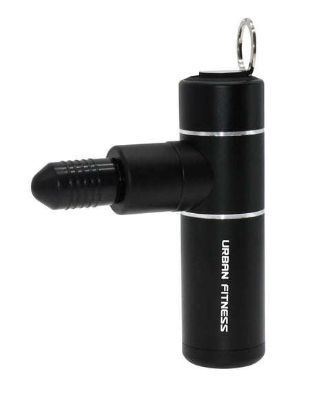The Urban Fitness Mini Massage Gun, featuring a cylindrical body, a top ring, and a single round attachment with "Urban Fitness" branding, offers portable and effective muscle soreness relief.