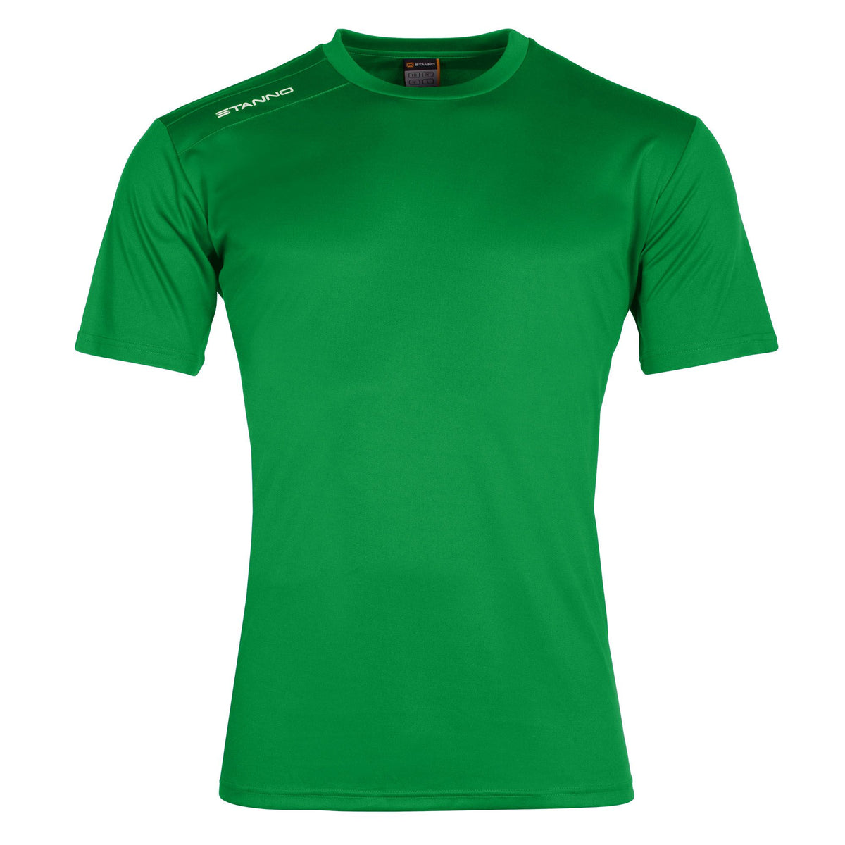 The Stanno Field Football Shirt Set features a plain green, short-sleeved training shirt with a crew neck and "STANNO" in white on the right shoulder, displayed against a white background.