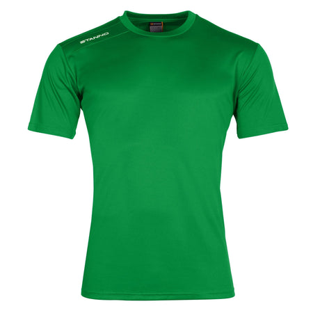 The Stanno Field Football Shirt Set features a plain green, short-sleeved training shirt with a crew neck and "STANNO" in white on the right shoulder, displayed against a white background.