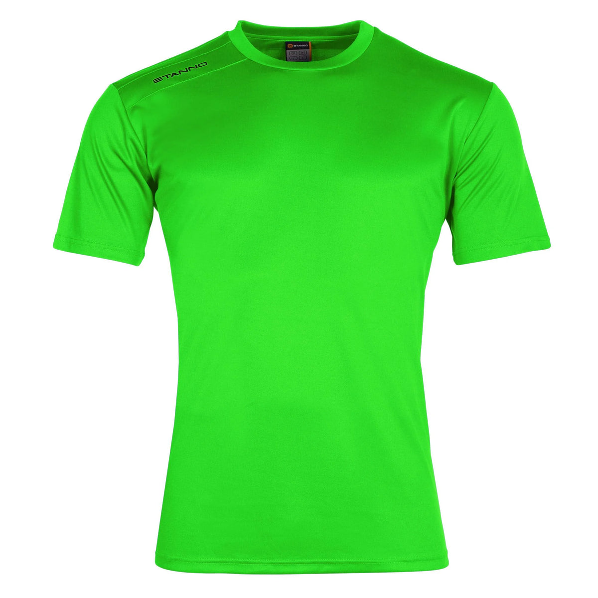 The Stanno Field Football Shirt Set features a plain, short-sleeved, bright green design with the STANNO logo on the right shoulder. This athletic football shirt by Stanno is shown against a white background.