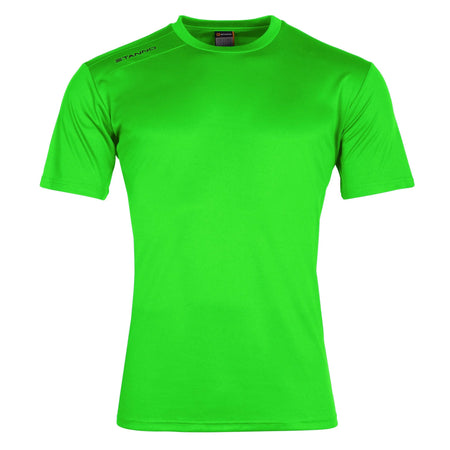 The Stanno Field Football Shirt Set features a plain, short-sleeved, bright green design with the STANNO logo on the right shoulder. This athletic football shirt by Stanno is shown against a white background.