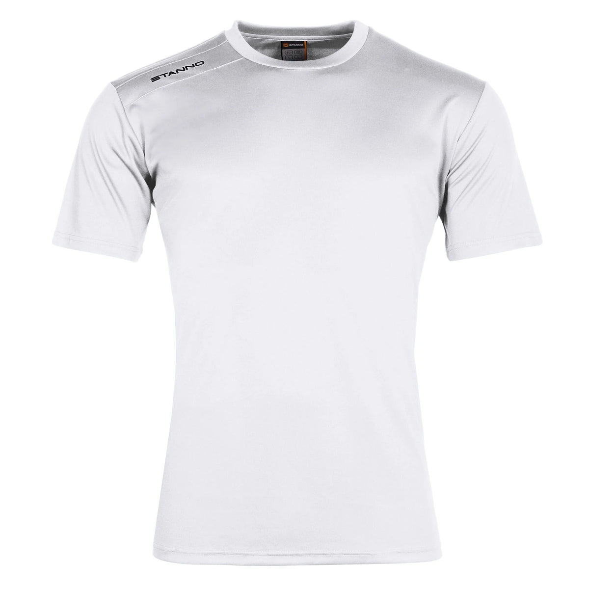 The Stanno Field Football Shirt Set features a plain white short-sleeve crew neck design. The black Stanno logo appears on the right shoulder, making it ideal for team shirts. Displayed on a white background.