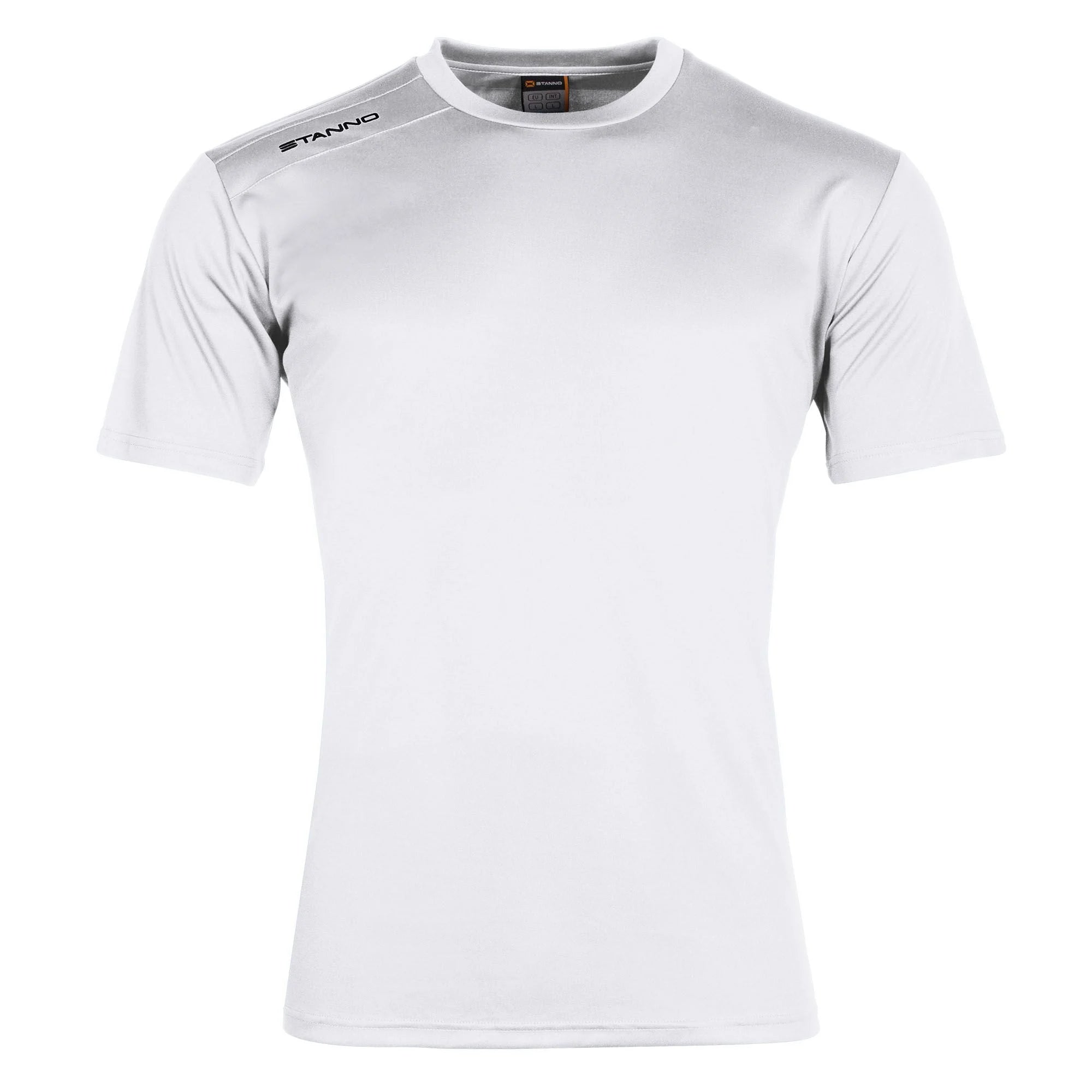 The Stanno Field Football Shirt Set features a plain white short-sleeve crew neck design. The black Stanno logo appears on the right shoulder, making it ideal for team shirts. Displayed on a white background.
