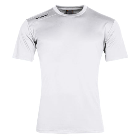 The Stanno Field Football Shirt Set features a plain white short-sleeve crew neck design. The black Stanno logo appears on the right shoulder, making it ideal for team shirts. Displayed on a white background.