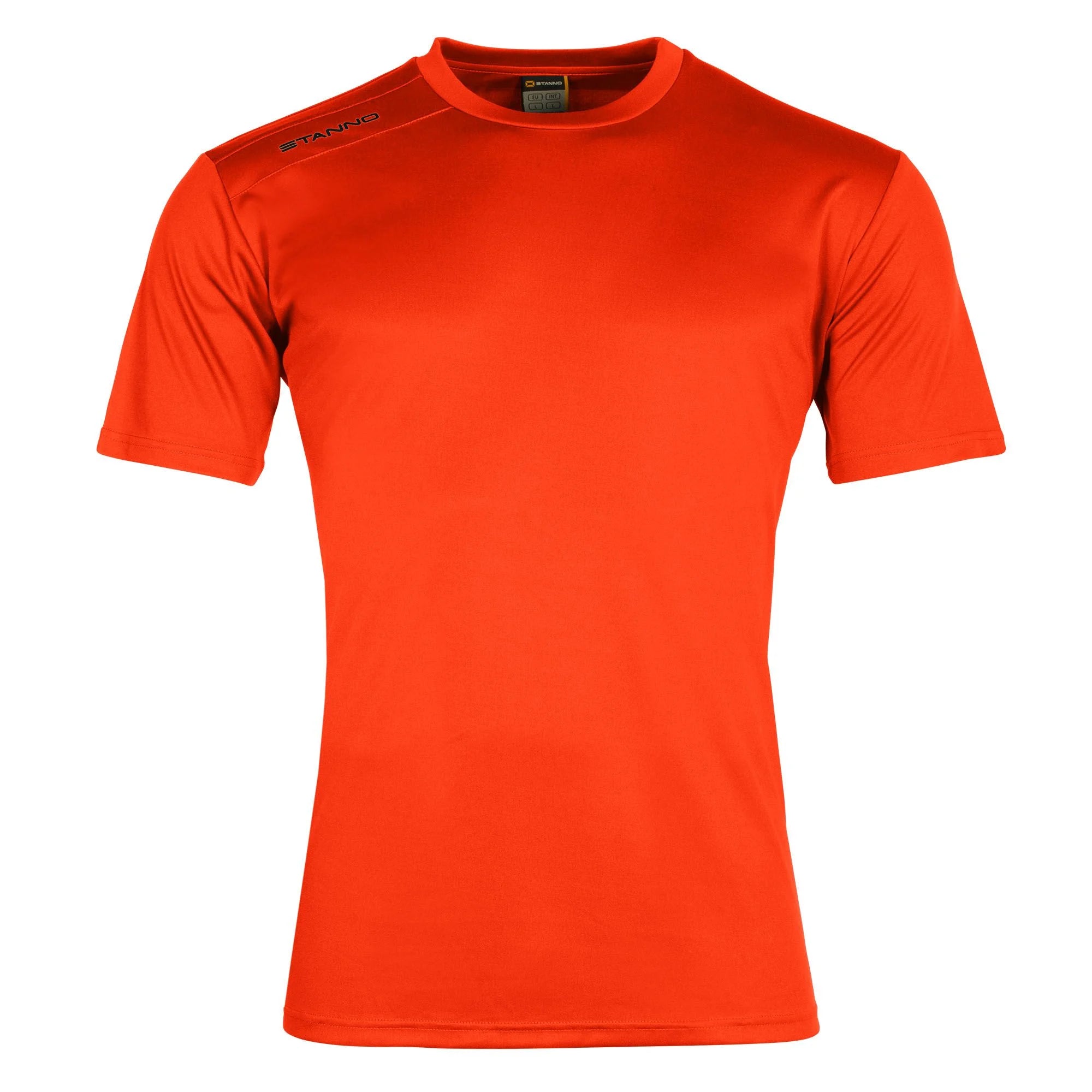 The Stanno Field Football Shirt Set by Stanno features a plain, bright orange, short-sleeved training shirt with a crew neckline and a small logo on the right shoulder, displayed against a white background.