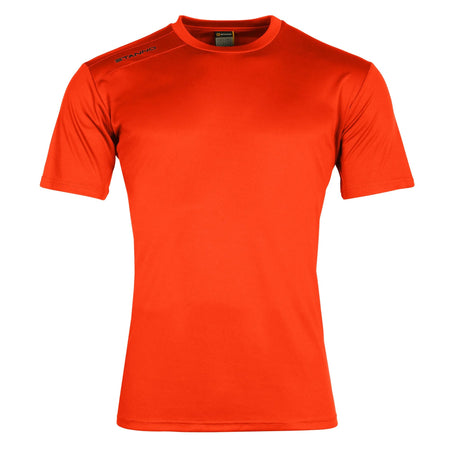 The Stanno Field Football Shirt Set by Stanno features a plain, bright orange, short-sleeved training shirt with a crew neckline and a small logo on the right shoulder, displayed against a white background.