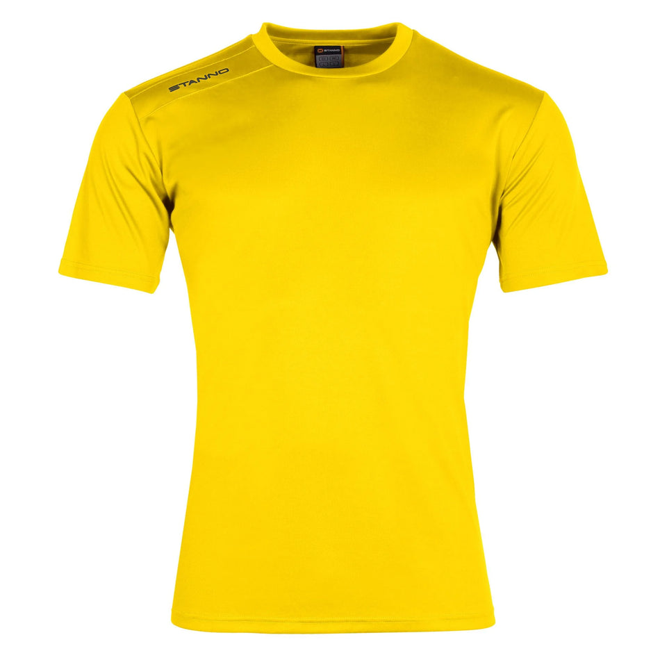 The Stanno Field Football Shirt Set is a plain yellow, short-sleeved top with ‘Stanno’ printed in small black letters near the right shoulder.