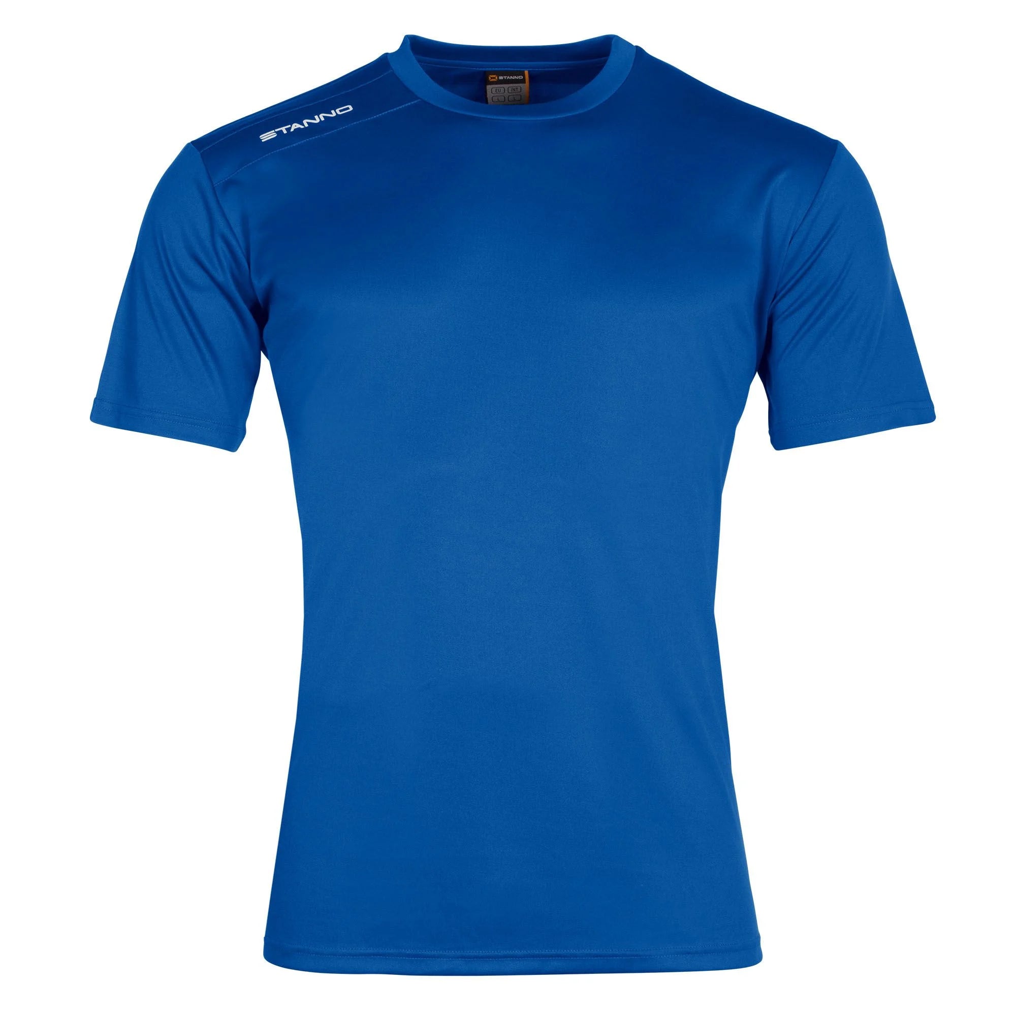 The Stanno Field Football Shirt Set is a fitted, plain royal blue short-sleeve training shirt with a crew neck. The Stanno logo in white appears on the right shoulder. Simple design with no extra logos—ideal for teams or solo training sessions.