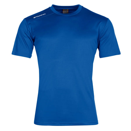 The Stanno Field Football Shirt Set is a fitted, plain royal blue short-sleeve training shirt with a crew neck. The Stanno logo in white appears on the right shoulder. Simple design with no extra logos—ideal for teams or solo training sessions.