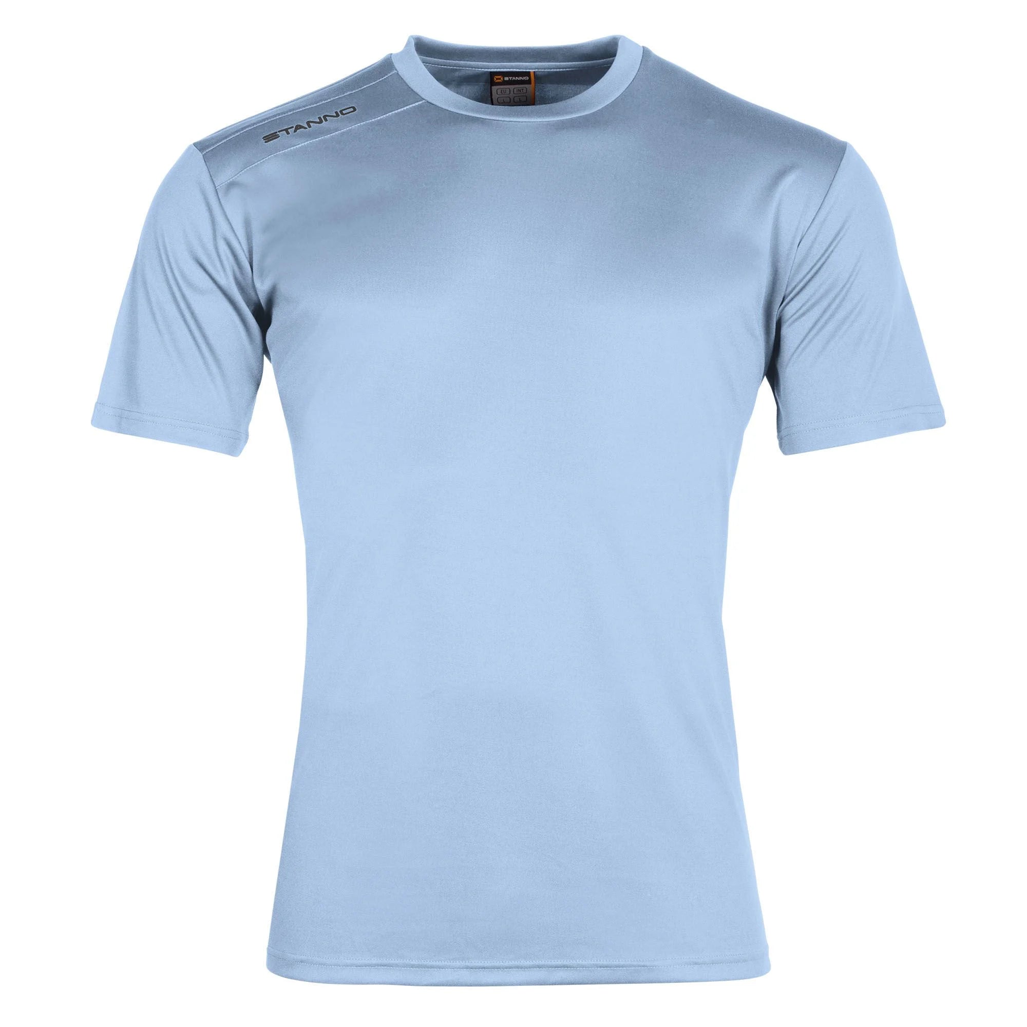 The Stanno Field Football Shirt Set by Stanno features a light blue short-sleeve crew neck design with a small logo on the right shoulder, making it ideal as a team or practice football shirt.