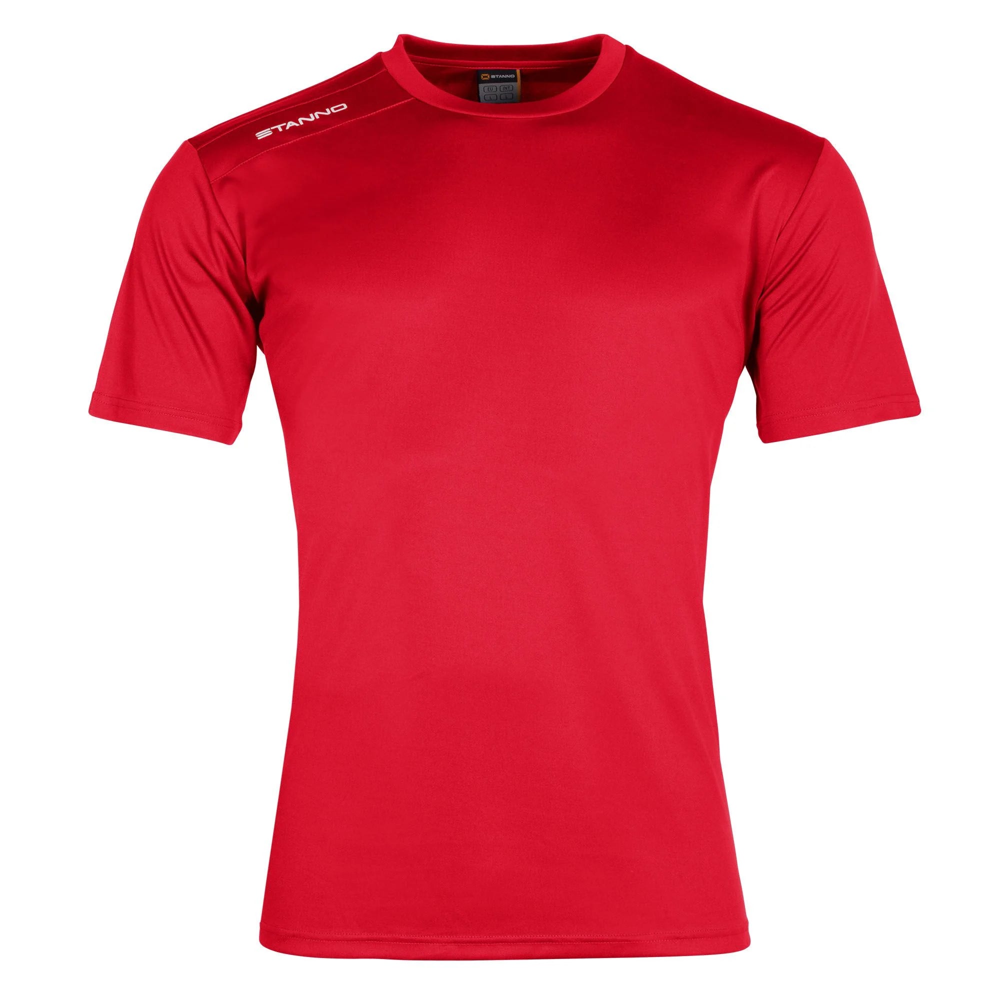 The Stanno Field Football Shirt Set by Stanno features a plain red short-sleeve crew-neck design with a white logo on the right shoulder. Perfect as a football shirt, it's shown on a blank white background.