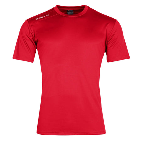 The Stanno Field Football Shirt Set by Stanno features a plain red short-sleeve crew-neck design with a white logo on the right shoulder. Perfect as a football shirt, it's shown on a blank white background.