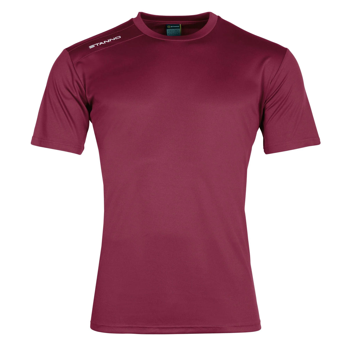 The Stanno Field Football Shirt Set is a plain maroon short-sleeve training top with a crew neck and a white STANNO logo on the right shoulder.