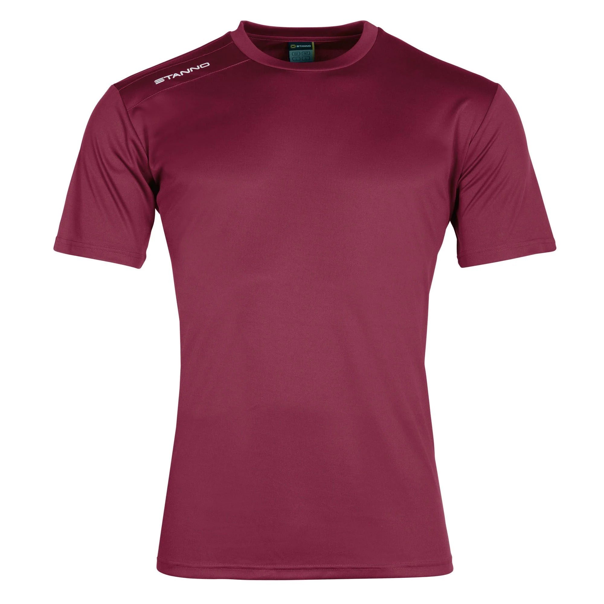 The Stanno Field Football Shirt Set is a plain maroon short-sleeve training top with a crew neck and a white STANNO logo on the right shoulder.