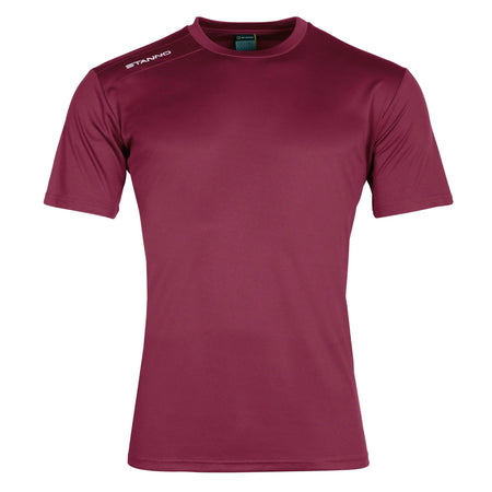 The Stanno Field Football Shirt Set is a plain maroon short-sleeve training top with a crew neck and a white STANNO logo on the right shoulder.