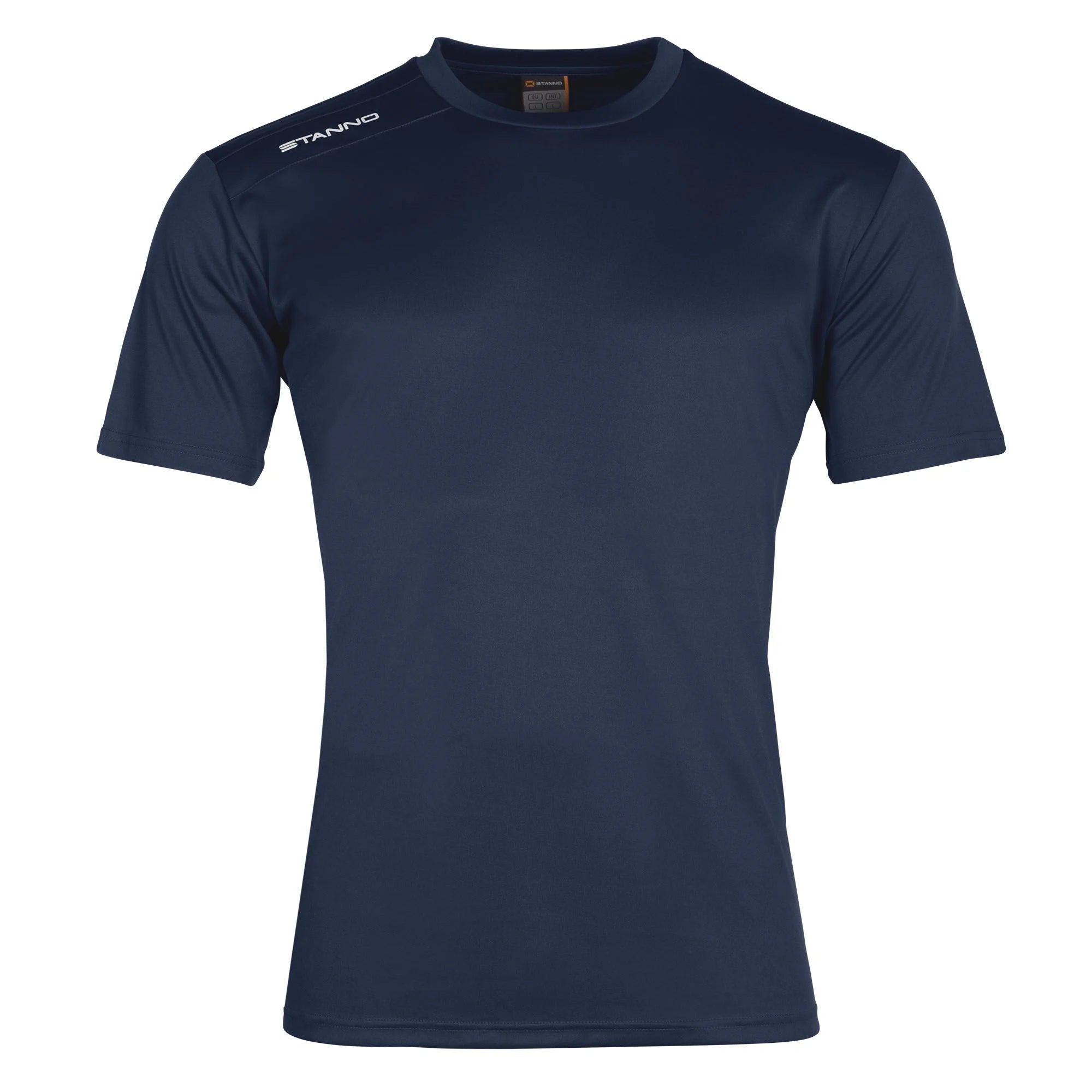 The Stanno Field Football Shirt Set features a plain navy blue short-sleeve athletic shirt with a crew neck and “Stanno” in white on the right shoulder. Perfect for team wear, it’s displayed against a white background.