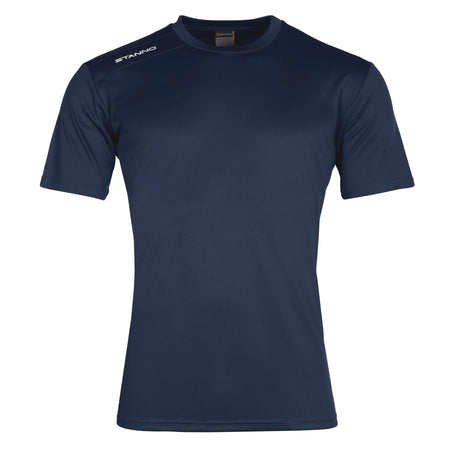 The Stanno Field Football Shirt Set features a plain navy blue short-sleeve athletic shirt with a crew neck and “Stanno” in white on the right shoulder. Perfect for team wear, it’s displayed against a white background.
