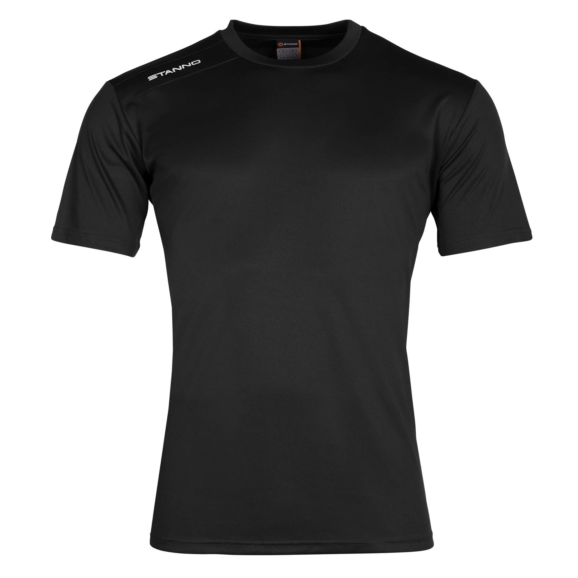 The Stanno Field Football Shirt Set by Stanno is a plain black, short-sleeved athletic shirt featuring a small white STANNO logo on the right shoulder, shown against a white background.