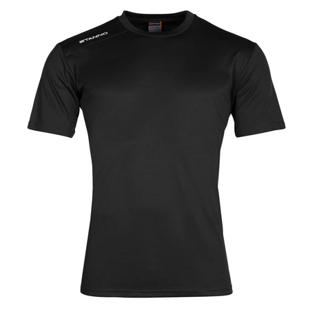 The Stanno Field Football Shirt Set by Stanno is a plain black, short-sleeved athletic shirt featuring a small white STANNO logo on the right shoulder, shown against a white background.