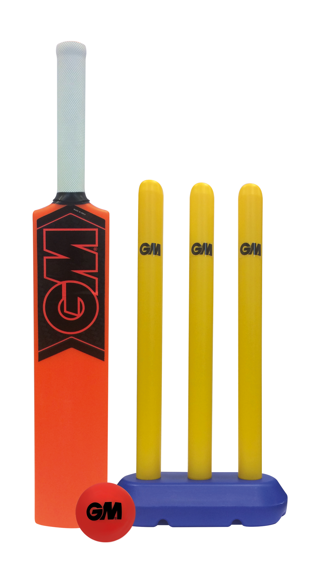 The Gunn & Moore Opener Cricket Set is a colorful starter kit for ages 4-8, with an orange bat, three yellow stumps in a blue base, and an orange ball—all branded by Gunn & Moore—shown against a white background.