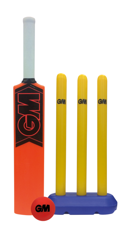The Gunn & Moore Opener Cricket Set is a colorful starter kit for ages 4-8, with an orange bat, three yellow stumps in a blue base, and an orange ball—all branded by Gunn & Moore—shown against a white background.