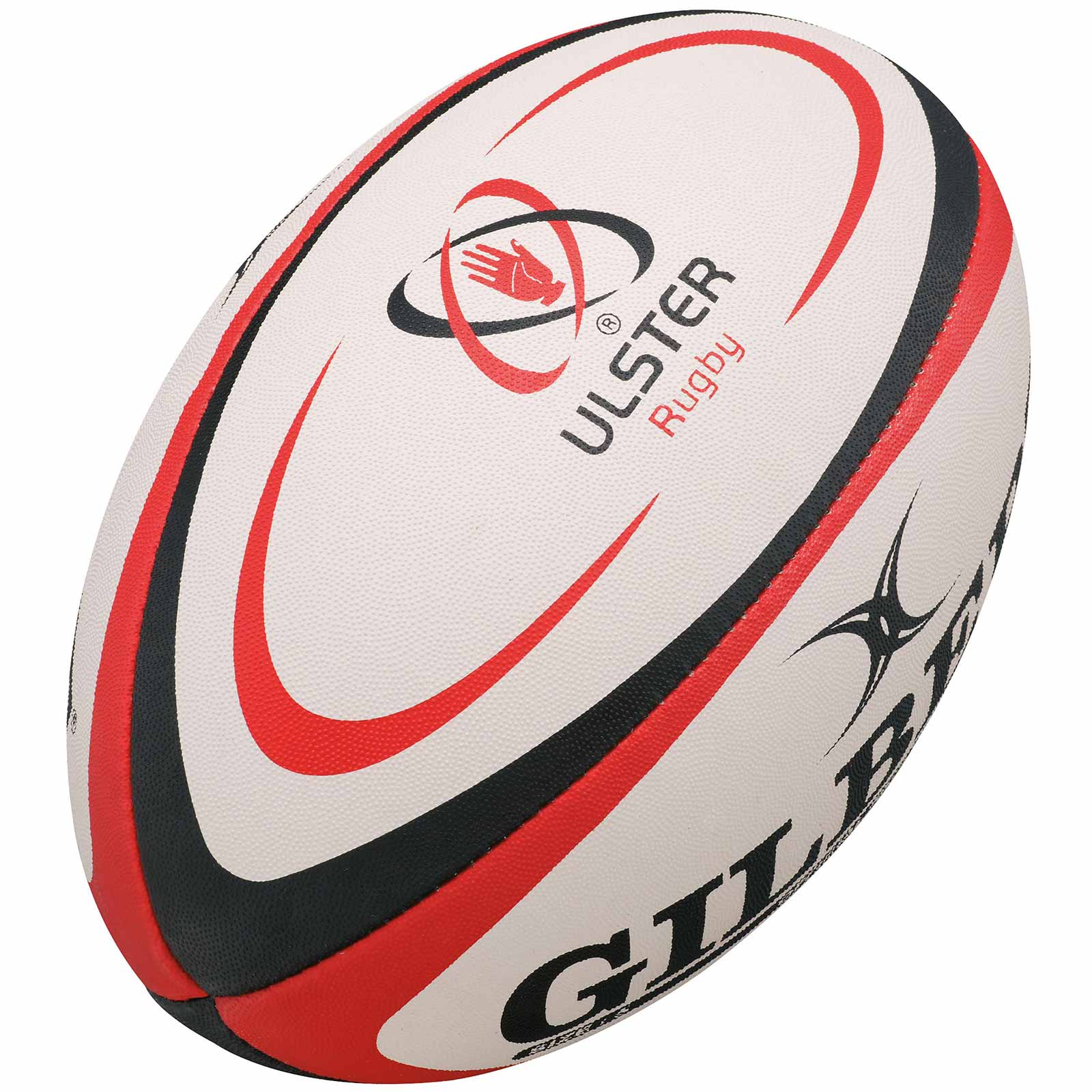 The Gilbert Ulster Replica Rugby Ball by Gilbert features striking white, red, and black curved accents with the Ulster Rugby logo—perfect memorabilia for any Irish rugby fan.