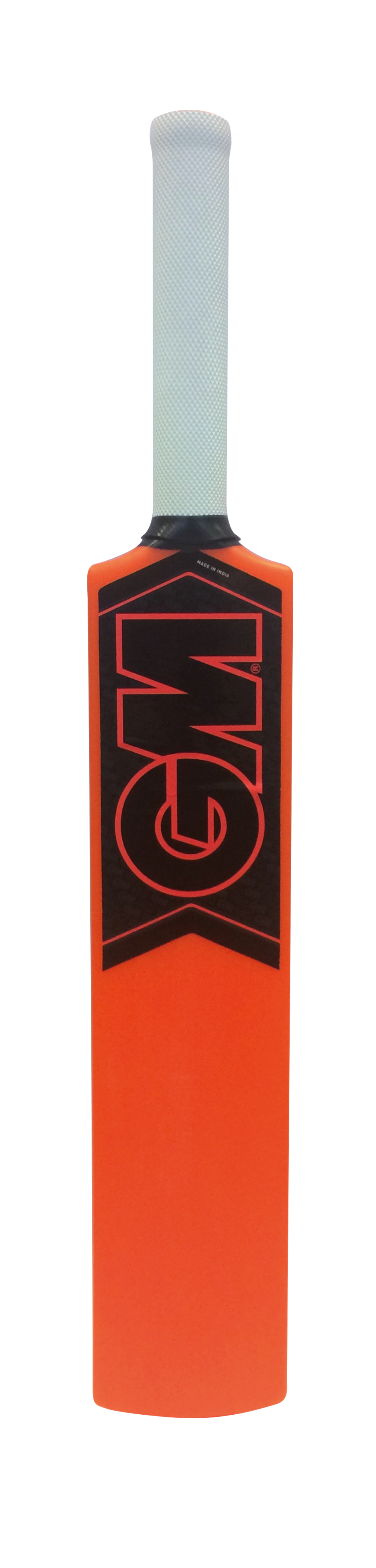 The Gunn & Moore Opener Cricket Bat, ideal for kids aged 4-8, features an orange body with a white handle and a striking black and red GM logo on the front, displayed against a plain white background.