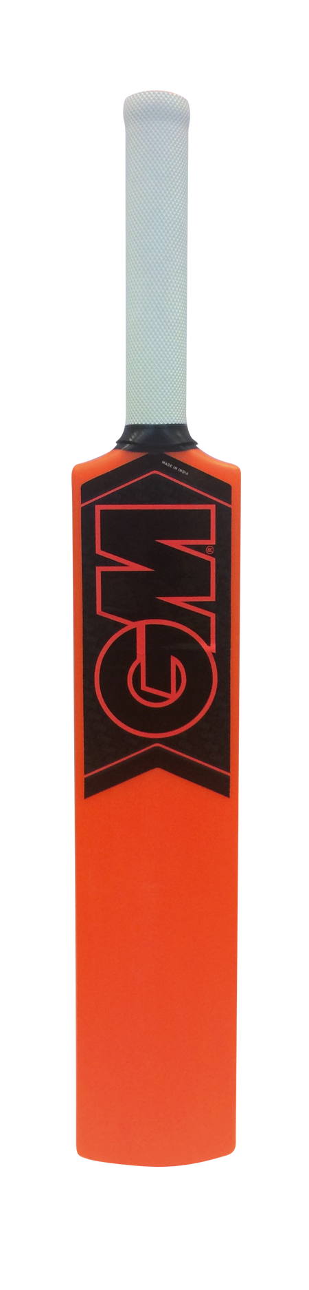 The Gunn & Moore Opener Cricket Bat, ideal for kids aged 4-8, features an orange body with a white handle and a striking black and red GM logo on the front, displayed against a plain white background.