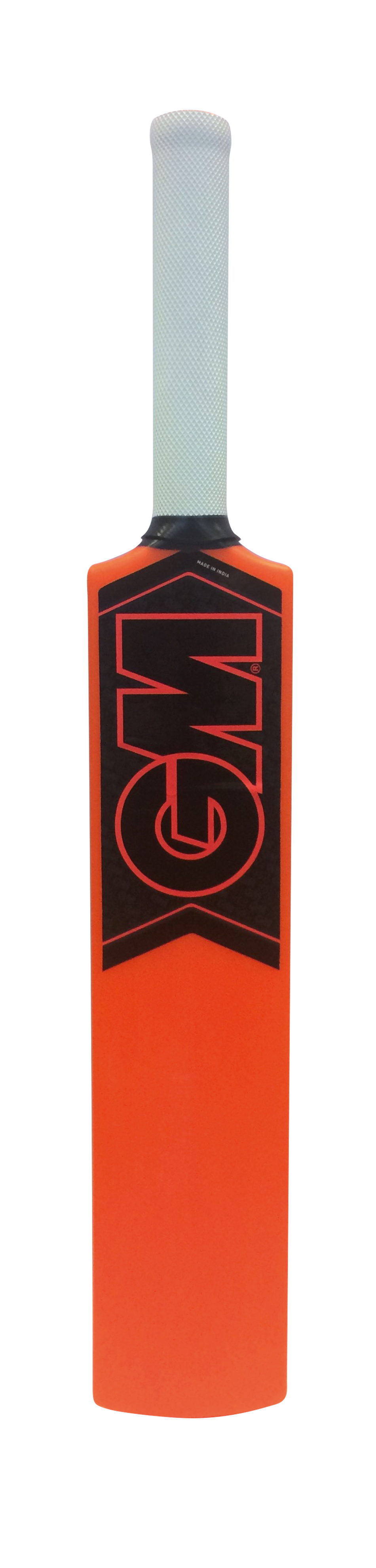 The Gunn & Moore Opener Cricket Bat, ideal for kids aged 4-8, features an orange body with a white handle and a striking black and red GM logo on the front, displayed against a plain white background.