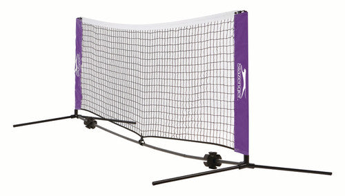 The Slazenger 3M Mini Tennis Net & Post Set features black mesh, a sturdy metal frame, purple end posts, and a curved base bar—ideal for quick tennis or badminton games anywhere.