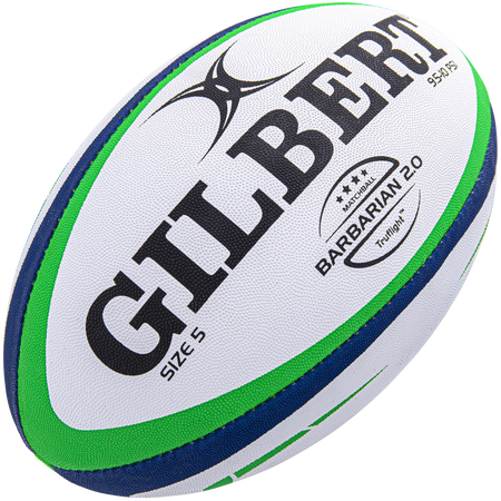 The Gilbert Barbarian 2.0 Match Ball, Size 5, by Gilbert is crafted from high-grade rubber in white with green and blue accents, featuring bold GILBERT lettering and BARBARIAN 2.0 branding—a premium rugby match ball.