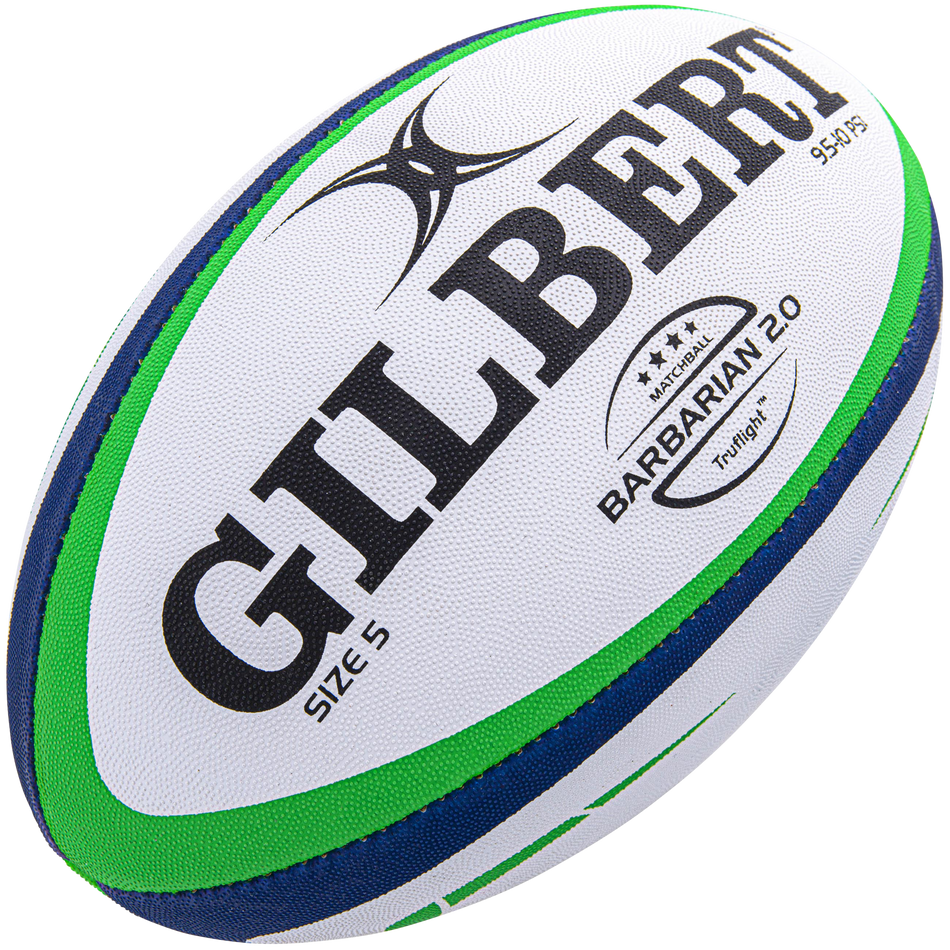 The Gilbert Barbarian 2.0 Match Ball, Size 5, by Gilbert is crafted from high-grade rubber in white with green and blue accents, featuring bold GILBERT lettering and BARBARIAN 2.0 branding—a premium rugby match ball.