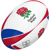The Gilbert England Supporters Rugby Ball features red, blue, and white patterns with a red rose and "England Rugby" text. Showcasing the Gilbert logo, it's ideal for memorabilia collectors and fans alike.