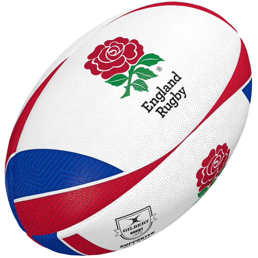 The Gilbert England Supporters Rugby Ball features red, blue, and white patterns with a red rose and "England Rugby" text. Showcasing the Gilbert logo, it's ideal for memorabilia collectors and fans alike.