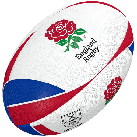 The Gilbert England Supporters Rugby Ball features red, blue, and white patterns with a red rose and "England Rugby" text. Showcasing the Gilbert logo, it's ideal for memorabilia collectors and fans alike.