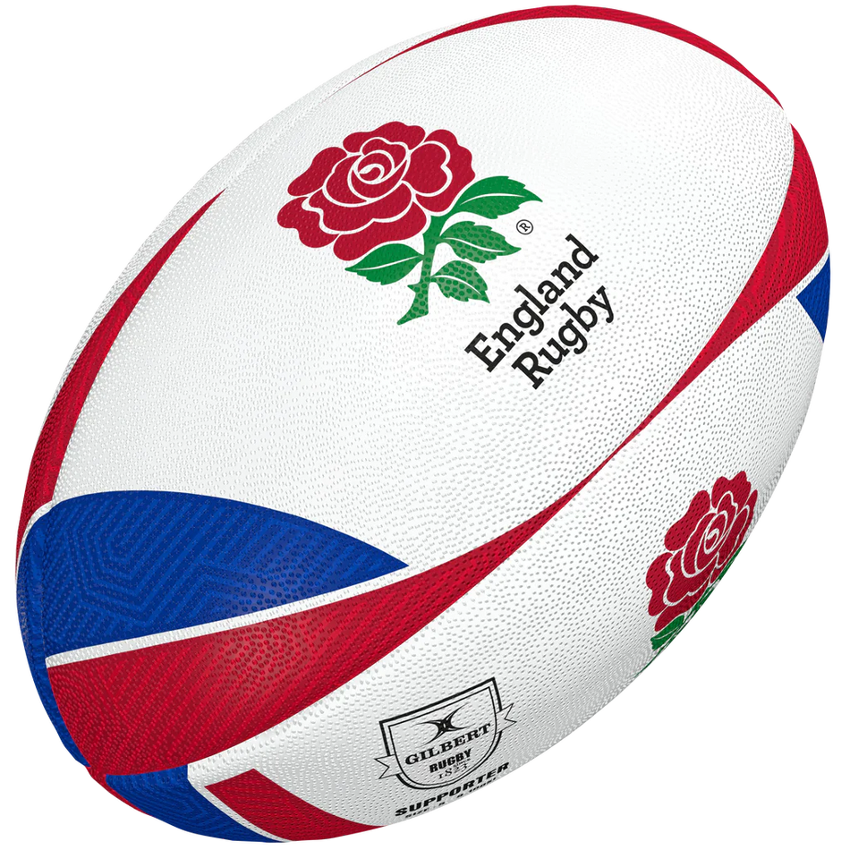 The Gilbert England Supporters Rugby Ball features red, blue, and white patterns with a red rose and "England Rugby" text. Showcasing the Gilbert logo, it's ideal for memorabilia collectors and fans alike.