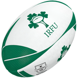 Show your Irish pride with the Gilbert Ireland Supporters Rugby Ball—white and green, featuring the IRFU logo with shamrock and rugby ball design plus the Gilbert logo. Ideal as rugby memorabilia or a unique gift.