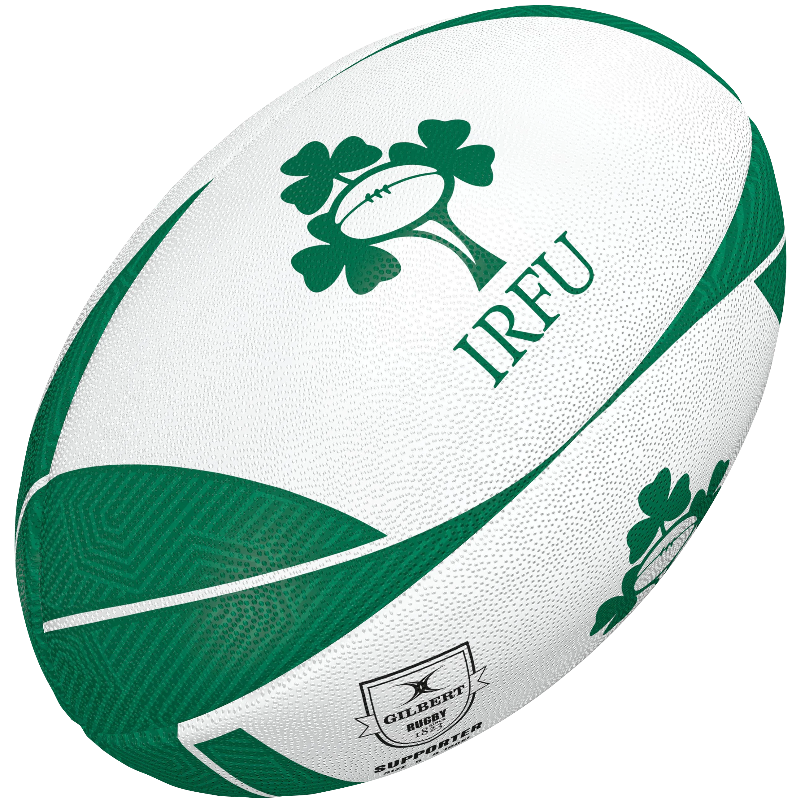 Show your Irish pride with the Gilbert Ireland Supporters Rugby Ball—white and green, featuring the IRFU logo with shamrock and rugby ball design plus the Gilbert logo. Ideal as rugby memorabilia or a unique gift.
