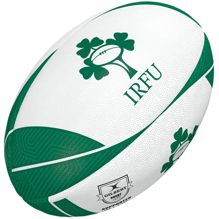 Show your Irish pride with the Gilbert Ireland Supporters Rugby Ball—white and green, featuring the IRFU logo with shamrock and rugby ball design plus the Gilbert logo. Ideal as rugby memorabilia or a unique gift.